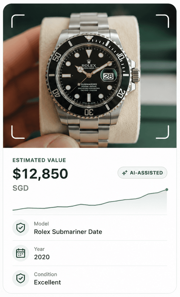 Photo of a Rolex Submariner Date with an AI-assisted estimated value of $12,850 SGD